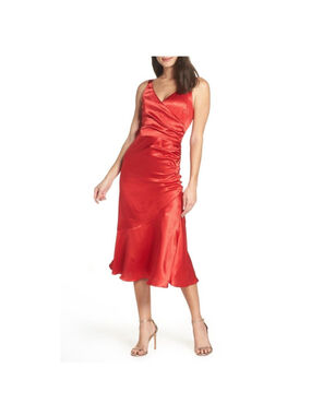 Women's Chelsea28 Red Satin V-Neck Ruched Midi Dress M
